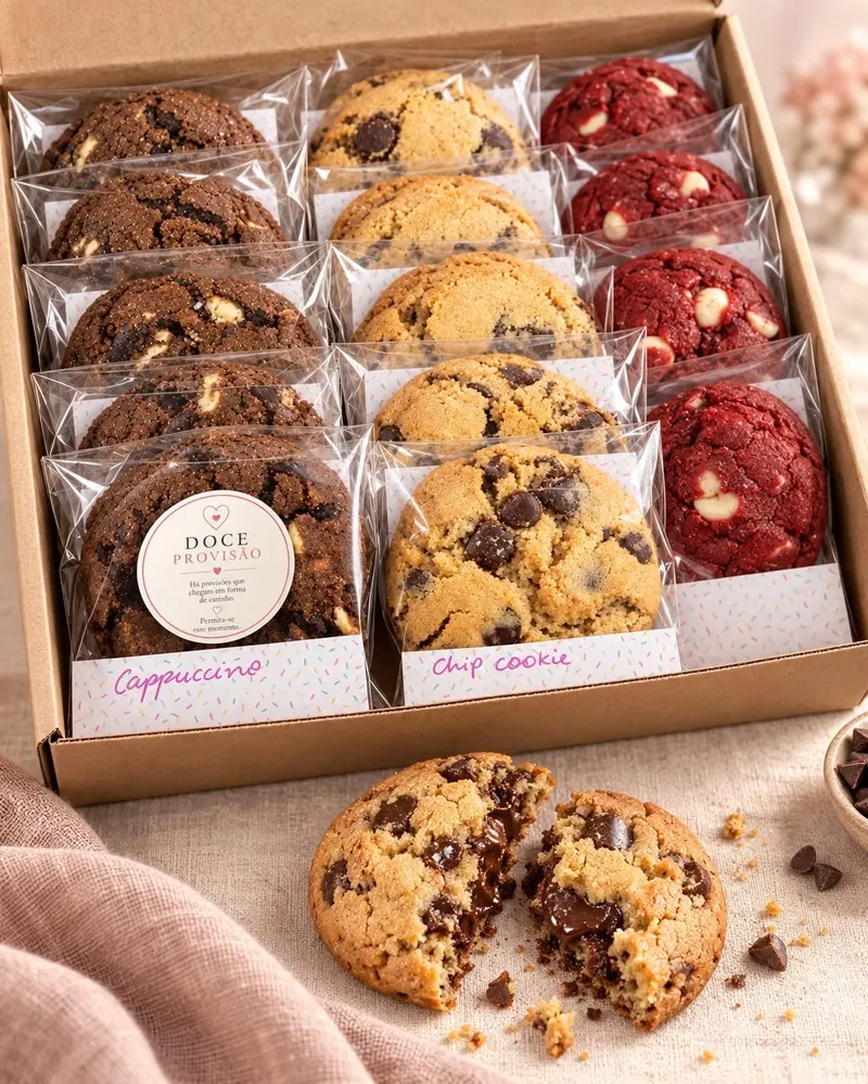 Caixa com cookies sortidos embalados individualmente